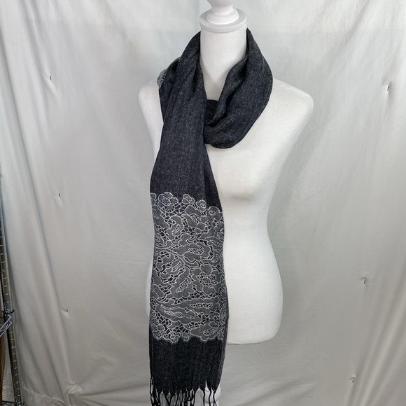 Black & Gray Paisley Embellished Scarf Wrap with Fringe. - Picture 4 of 4